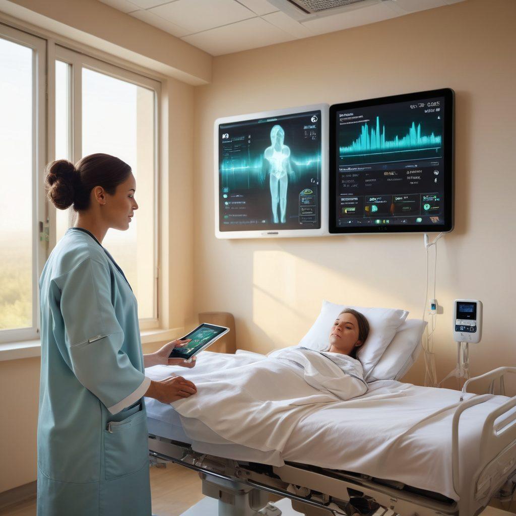 A serene hospital room featuring a patient interacting with a digital health tablet, displaying various health metrics and supportive messages. The environment should be warm and comforting, with soft lighting and elements of nature visible through the window, symbolizing hope and healing. Include a healthcare provider engaging with the patient, showcasing modern technology in oncology care. A light color palette with soft pastels to evoke tranquility. super-realistic. vibrant colors. soft lighting.