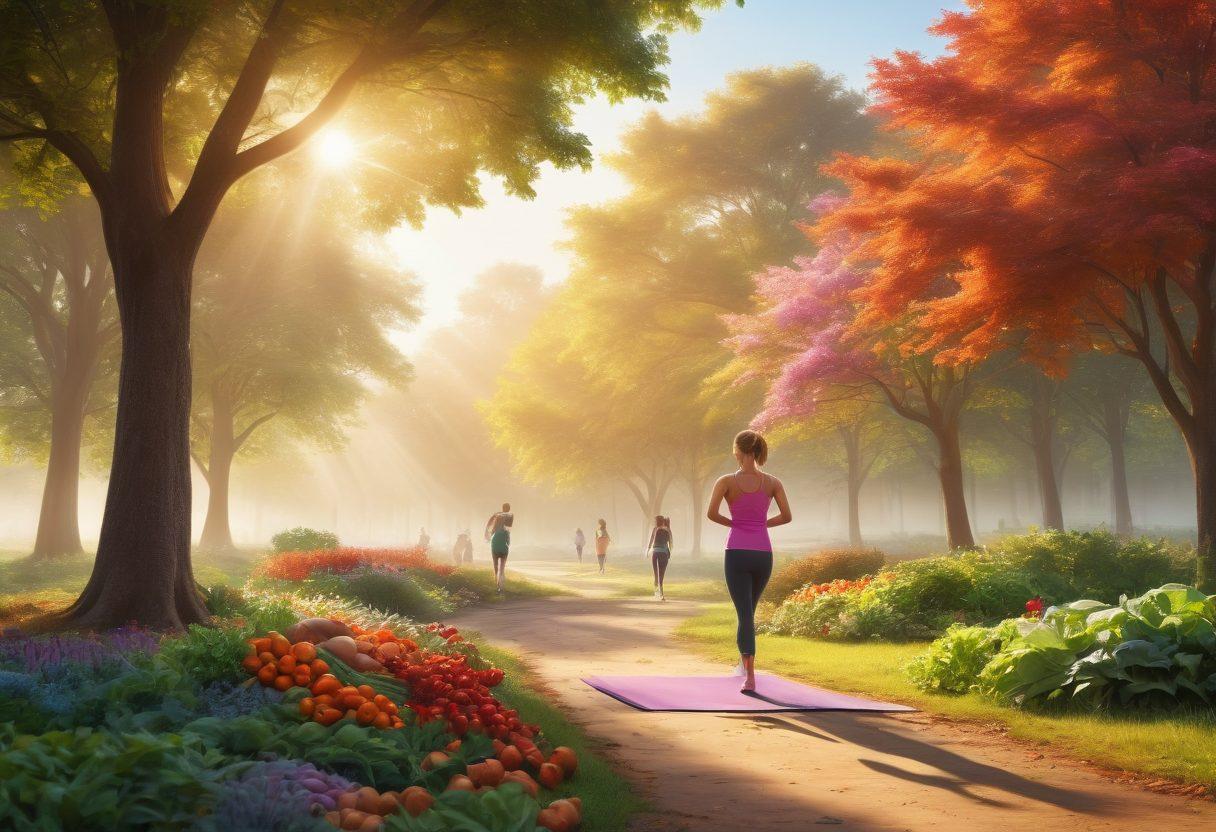 A serene outdoor scene showcasing a diverse group of people engaging in healthy activities, such as yoga, jogging, and cooking nutritious meals. Include symbols of prevention and empowerment like fresh vegetables and a cancer awareness ribbon subtly integrated into the landscape. The setting should feel uplifting and vibrant, with sunlight breaking through trees, creating a warm and inviting atmosphere. super-realistic. vibrant colors. peaceful background.