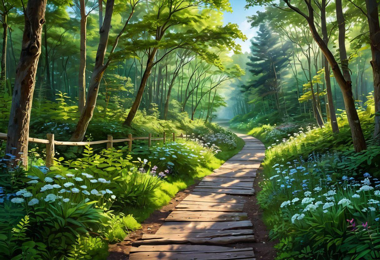 A serene landscape depicting a tranquil path through a lush green forest, symbolizing a journey towards wellness. Along the path, include uplifting elements like blooming flowers, supportive hands reaching out, and informative signs about cancer care and prevention. The sky should be clear with a calming, warm light shining through trees, representing hope and empowerment. super-realistic. vibrant colors. peaceful atmosphere.